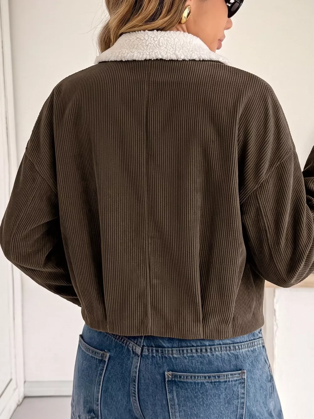 Contrast Sherpa Collar Corduroy Zip Up Jacket, image 6