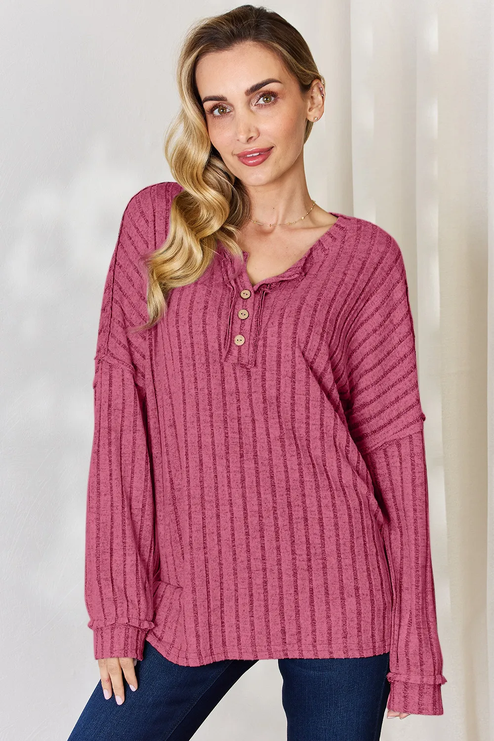 Full Size Ribbed Half Button Long Sleeve T-Shirt, image 4