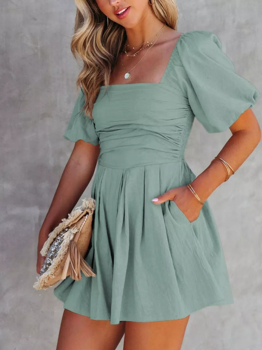 Square Neck Ruched Puff Sleeve Romper, image 3