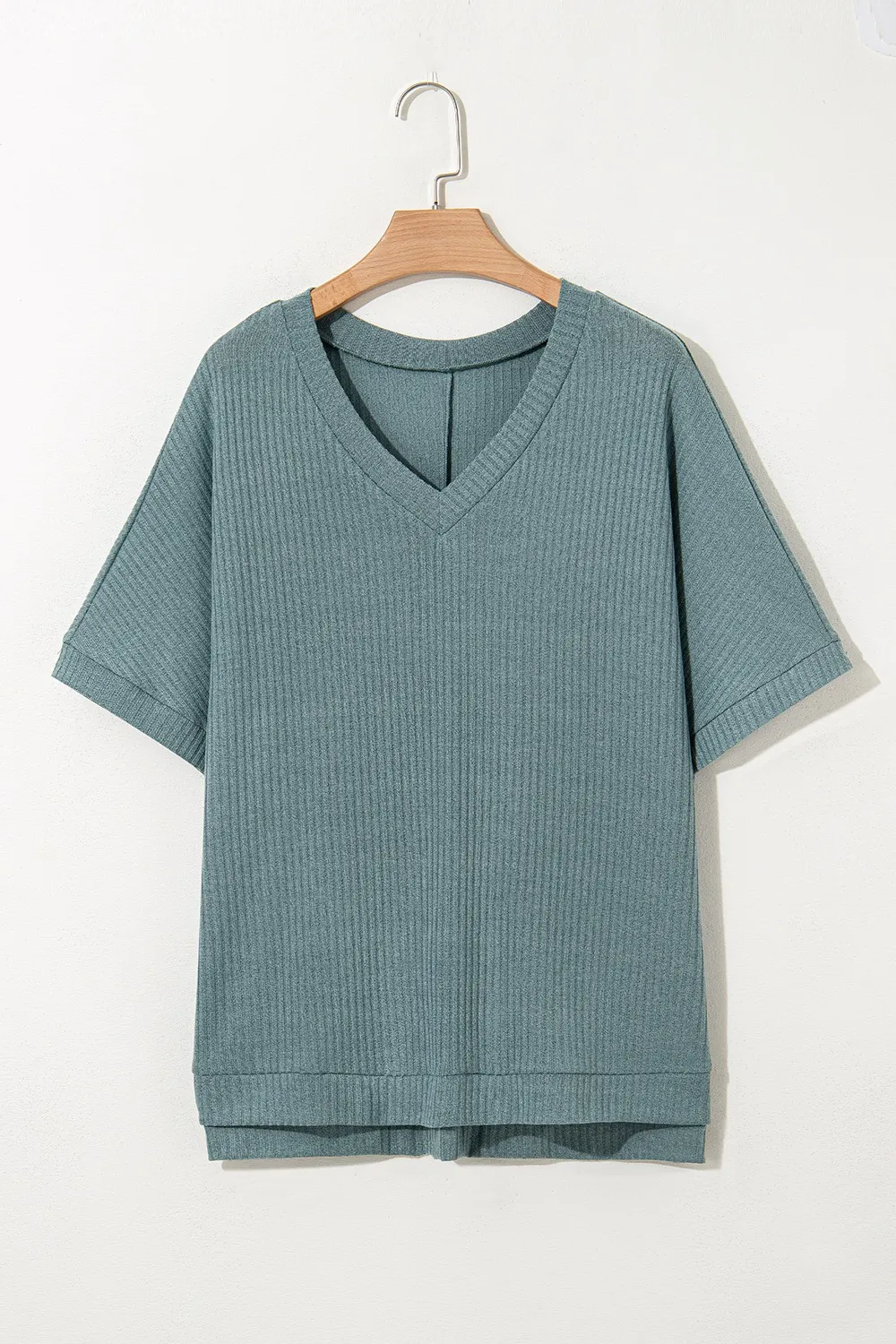 Oversized Ribbed Knit V Neck Dolman Short Sleeve Top, image 6