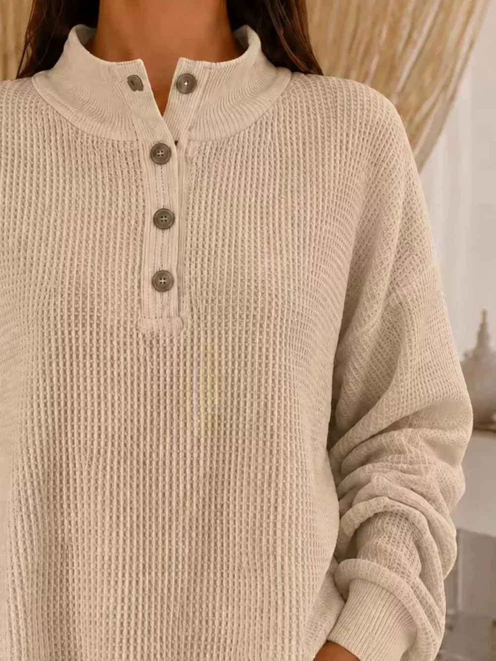 Full Size Waffle Knit Button Detail Sweatshirt Plus Size, image 10