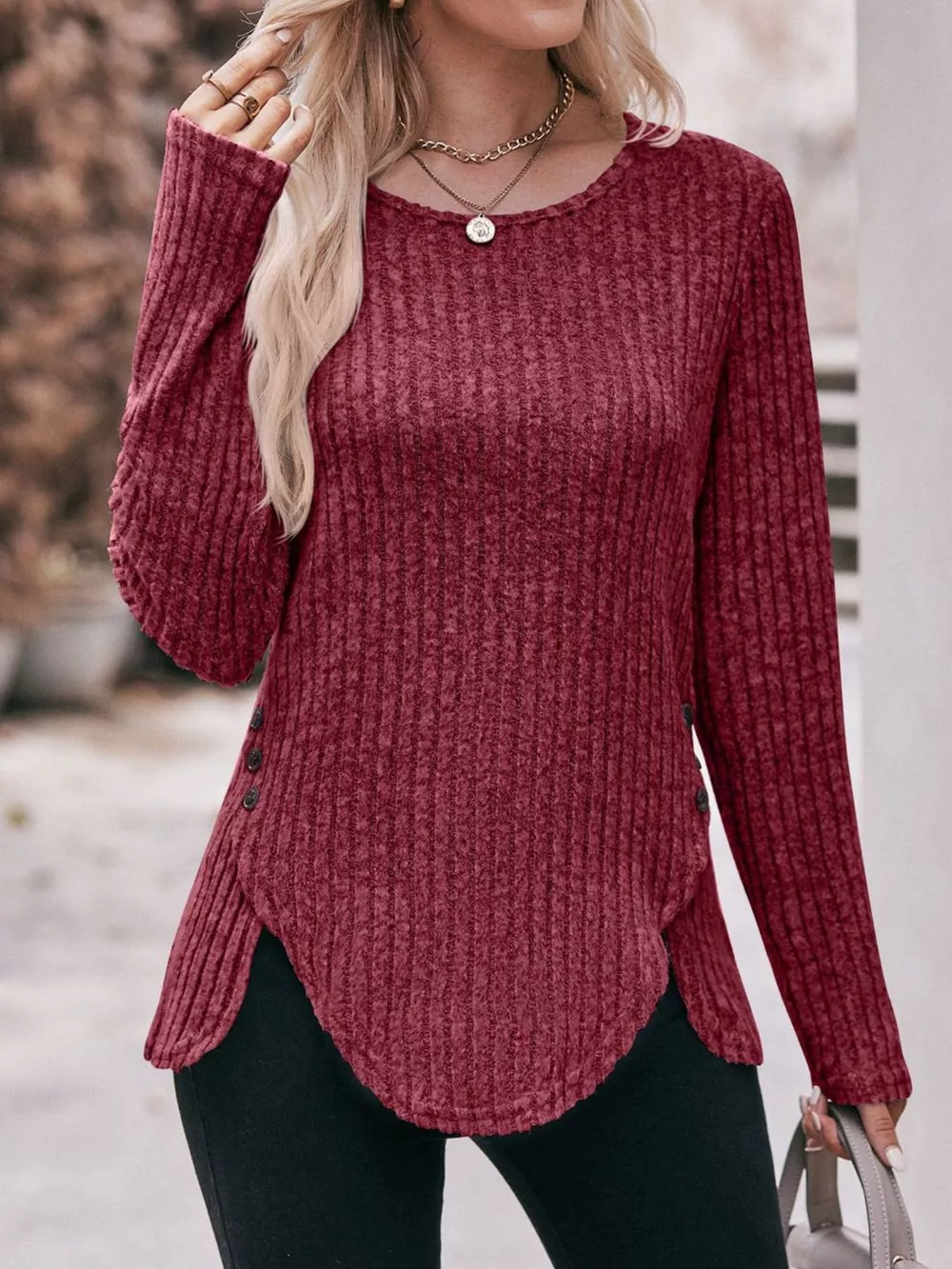 Ribbed Knit Long Sleeve T-Shirt, image 19