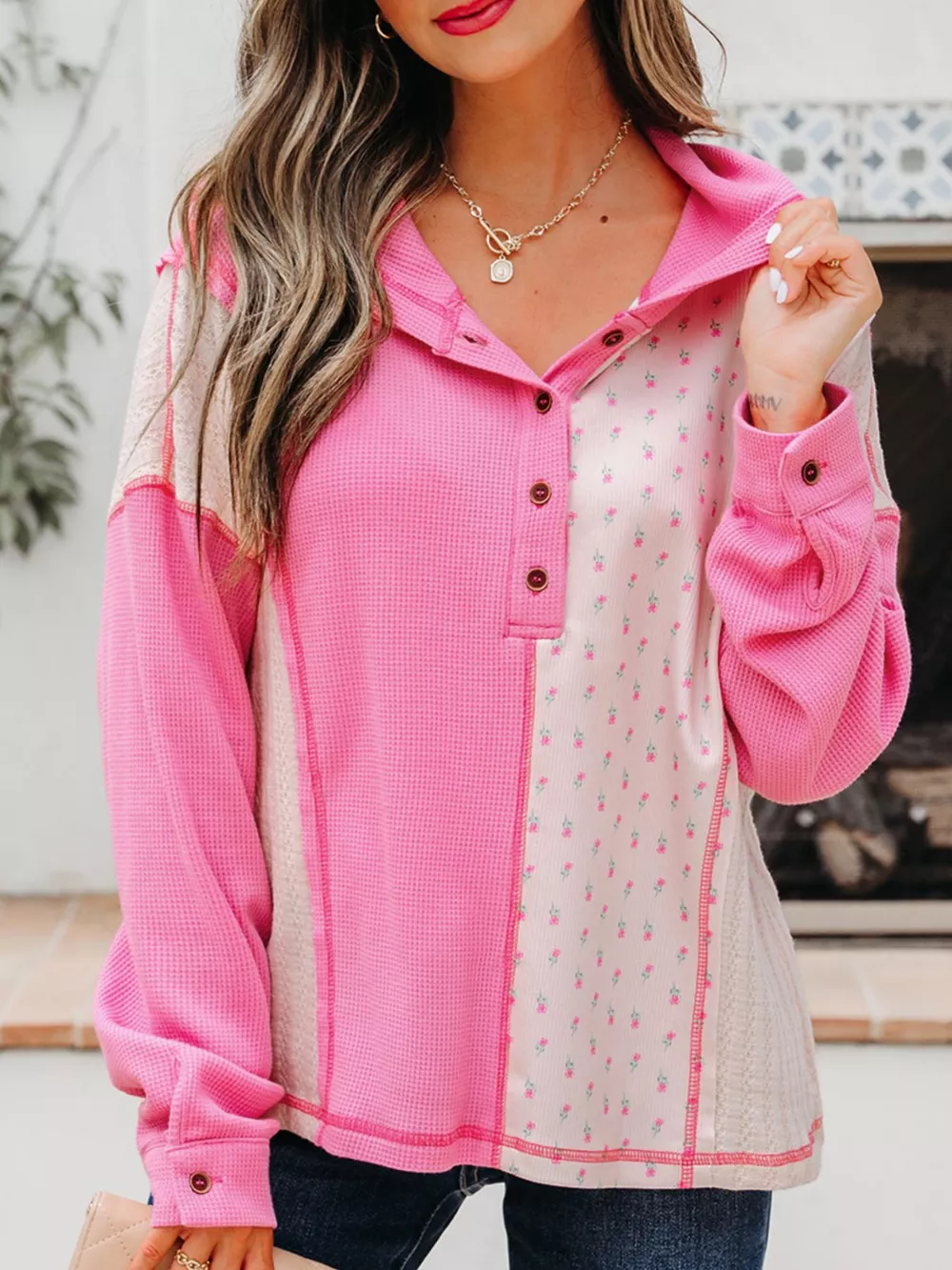 Mixed Texture Waffle Floral Patchwork Hooded Oversize Pullover, image 2