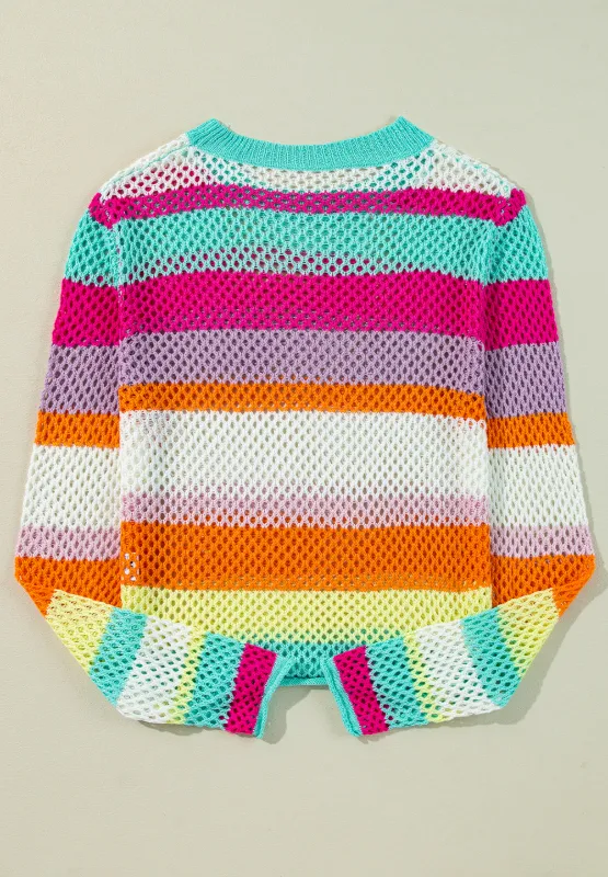 Openwork Contrast Striped Round Neck Knit Top, image 3