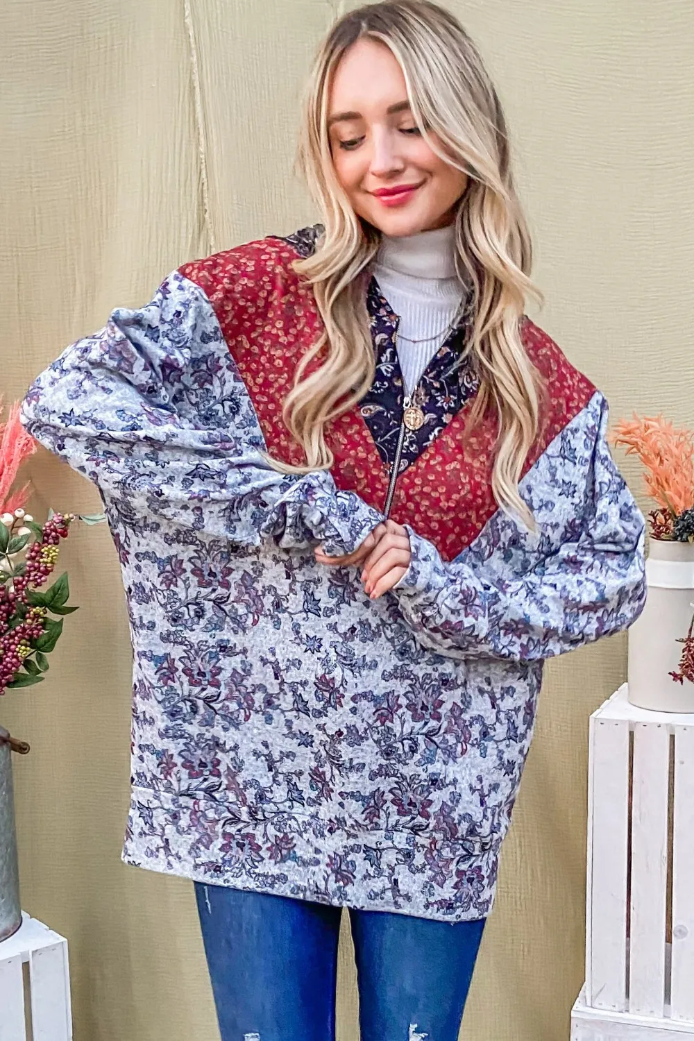 Printed Half Zip Up Long Sleeve Hoodie, image 4