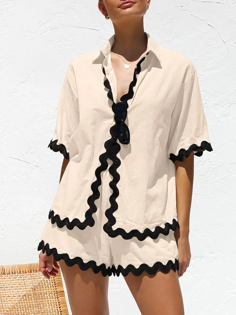 Contrast Trim Half Sleeve Top and Shorts Set, image 2