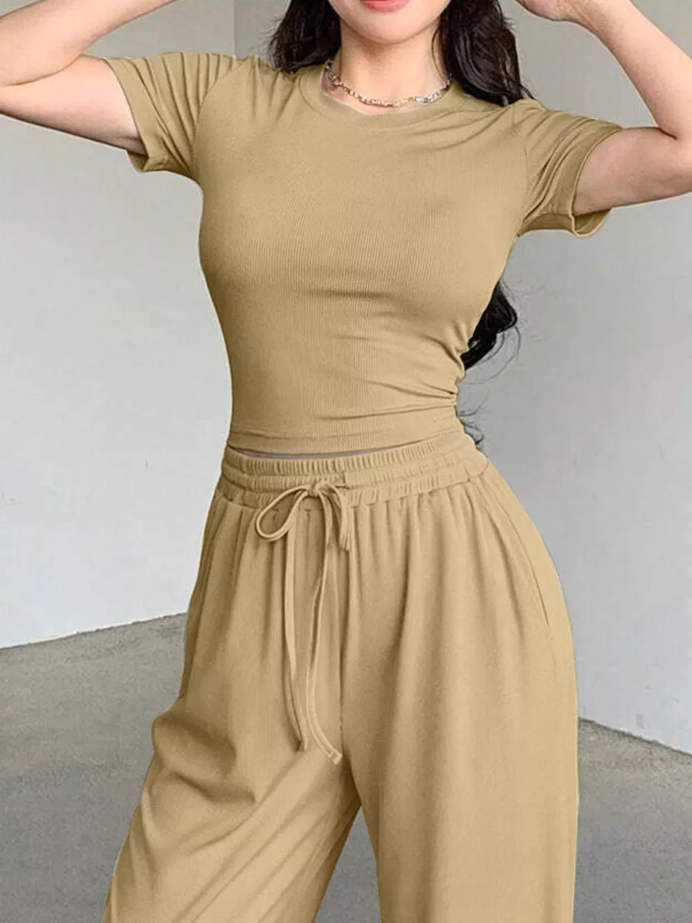 Solid Color Short Sleeve Crop Top and Wide Leg Pants Set, image 6