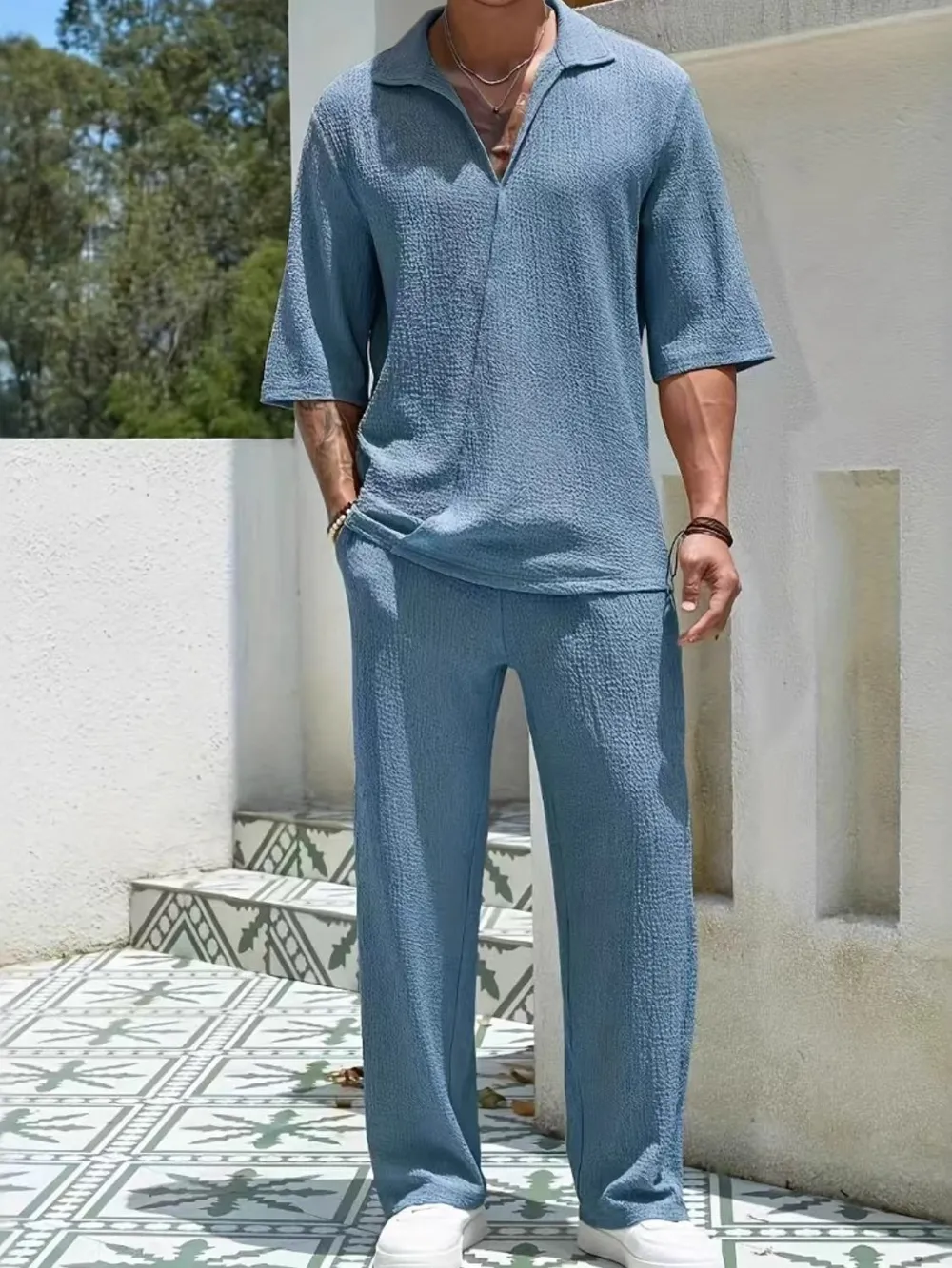 Men's Johnny Collar Half Sleeve Top and Pants Set, image 2