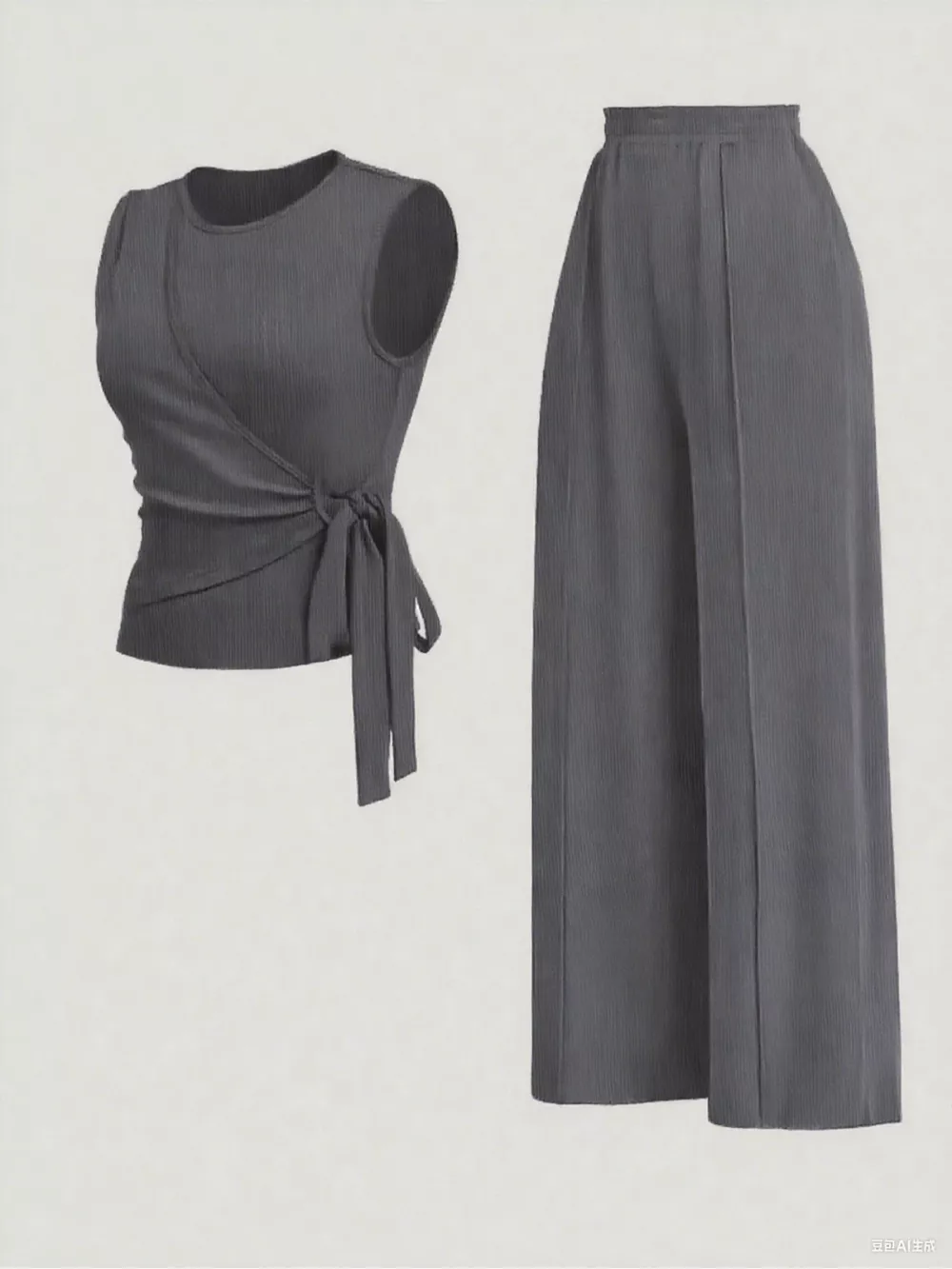 Side Tie Round Neck Tank and Pants Set, image 2