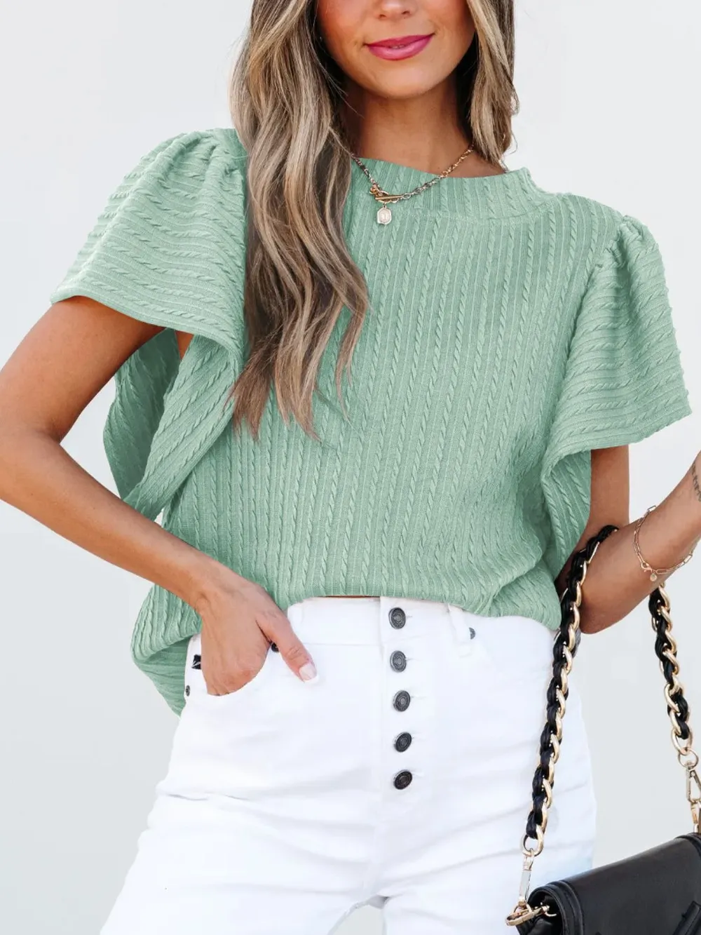 Round Neck Ruffle Sleeve Top, image 5