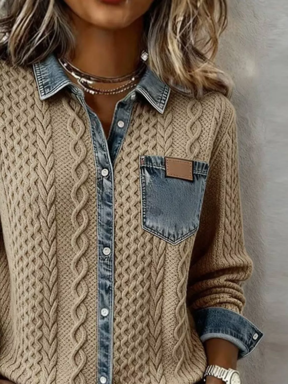 Denim Trim Cable Knit Cardigan, image 3