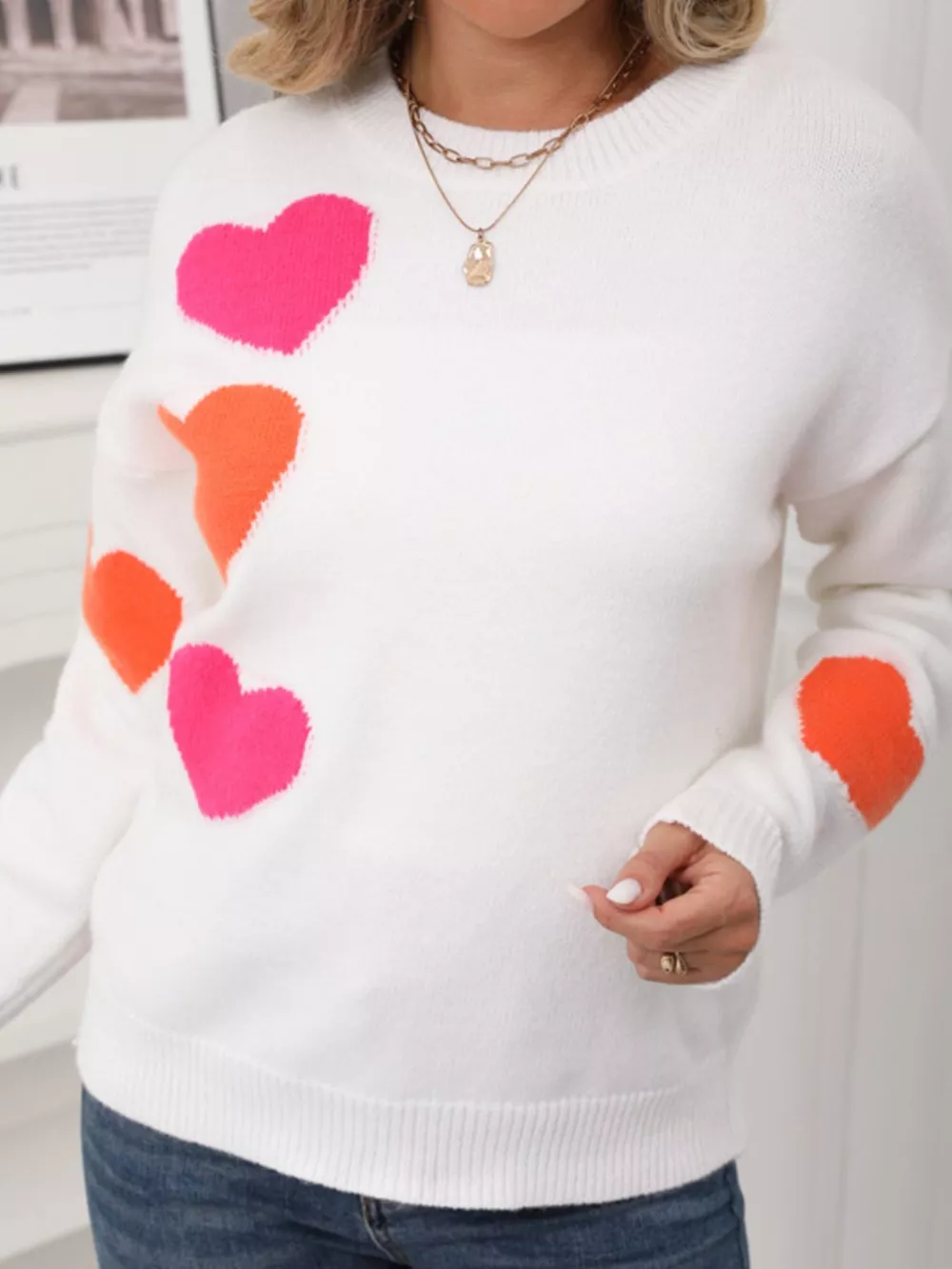 Valentine's Day Heart Pattern Round Neck Sweater, image 4