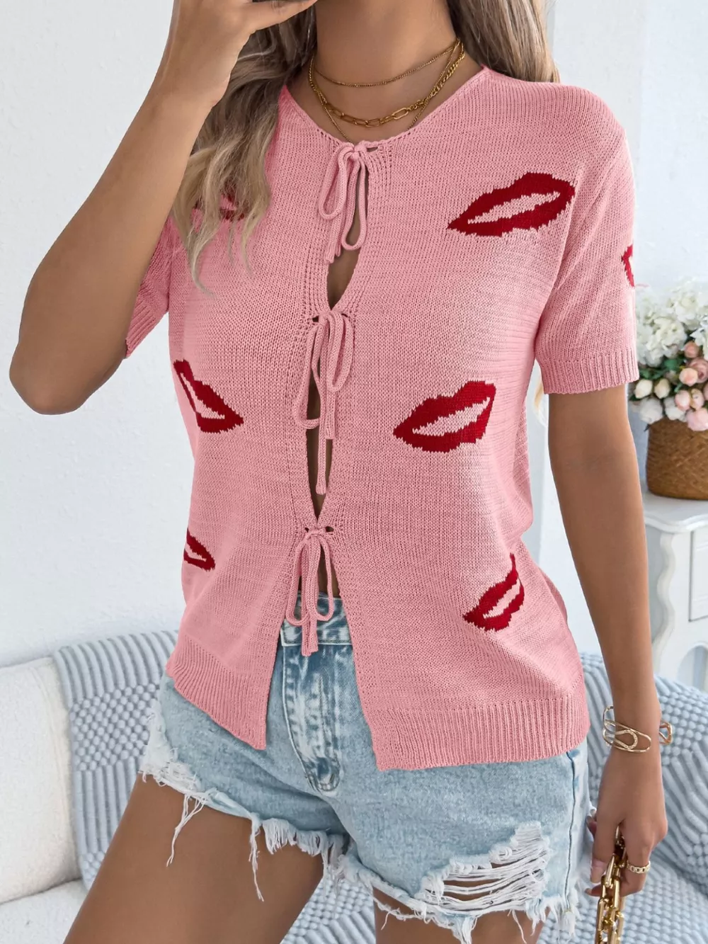 Lips Tie Front Knit Cardigan, image 13