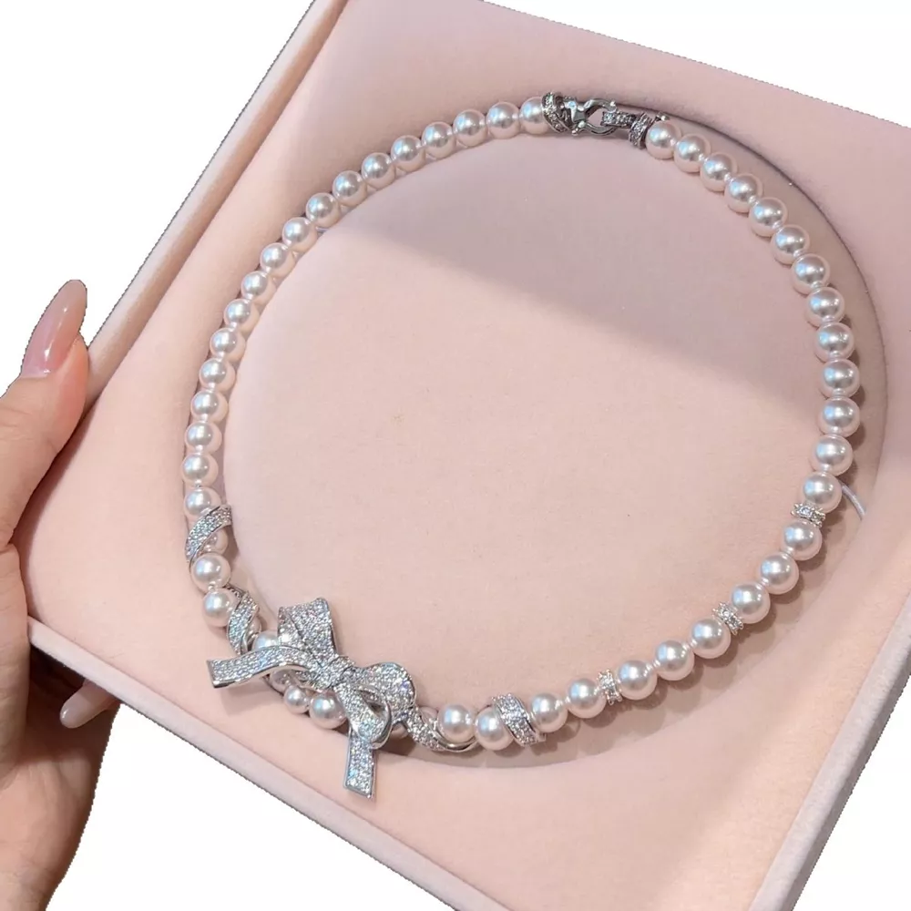 Pearl Necklace with Bow Pendant, image 5