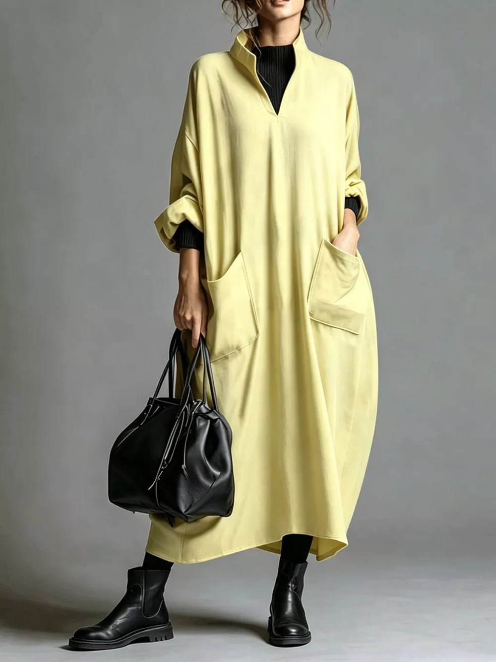 Full Size Loose-Fit Mock Neck Midi Dress with Pockets Plus Size, image 26