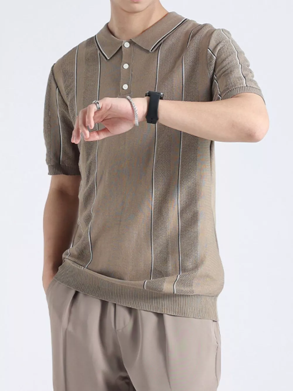 Men's Plus Size Striped Knit Short Sleeve Polo, image 2
