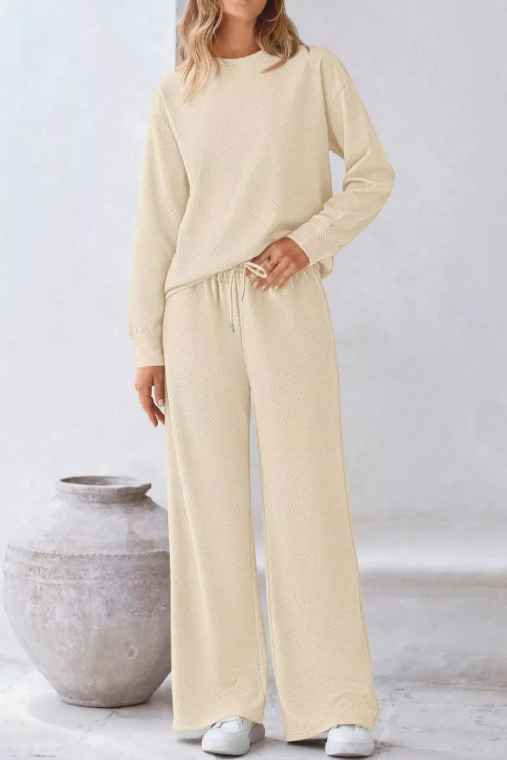 Round Neck Long Sleeve Top and Pants Set, image 2