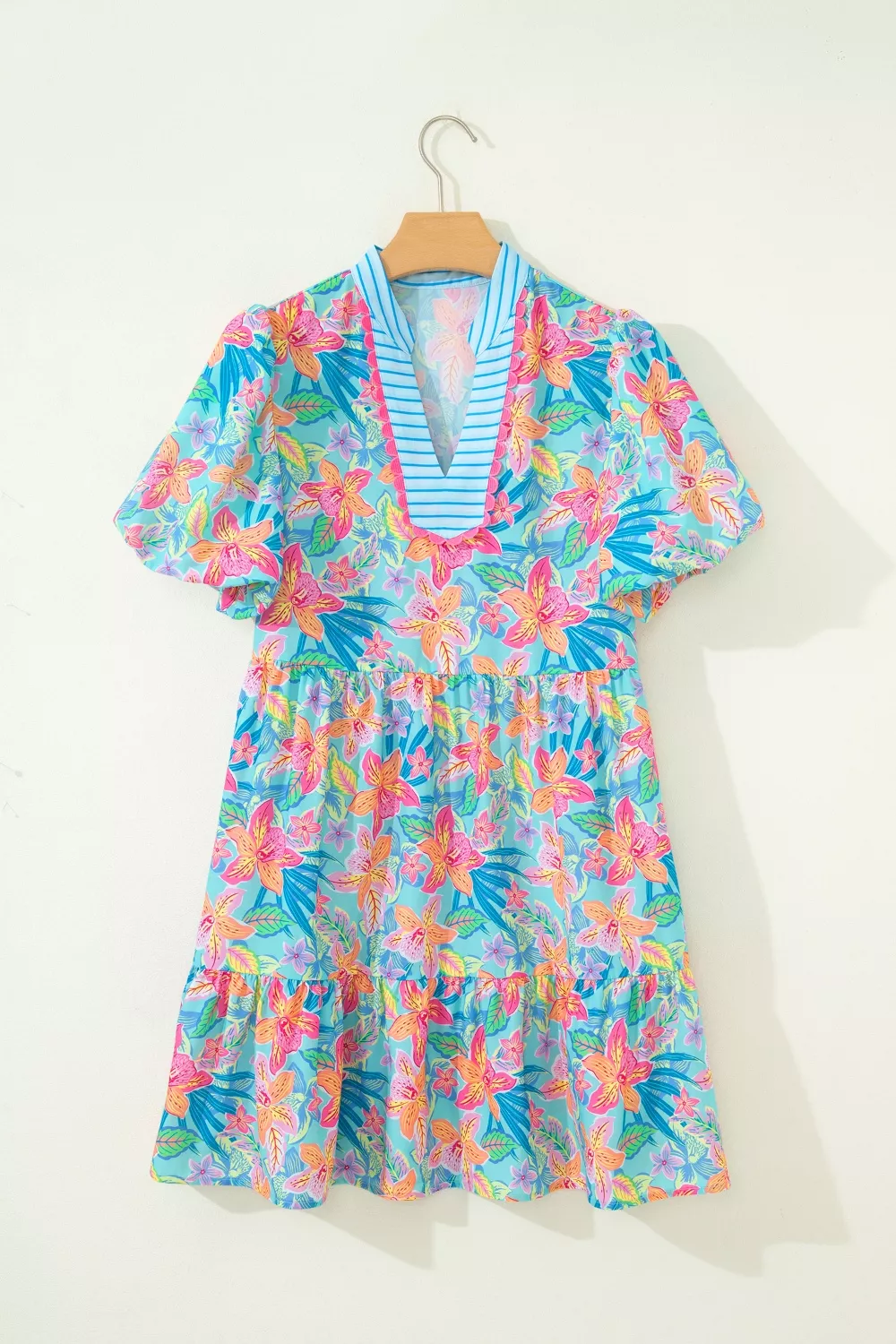 Floral Print Contrast Scallop Striped Trim V Neck Dress, image 3