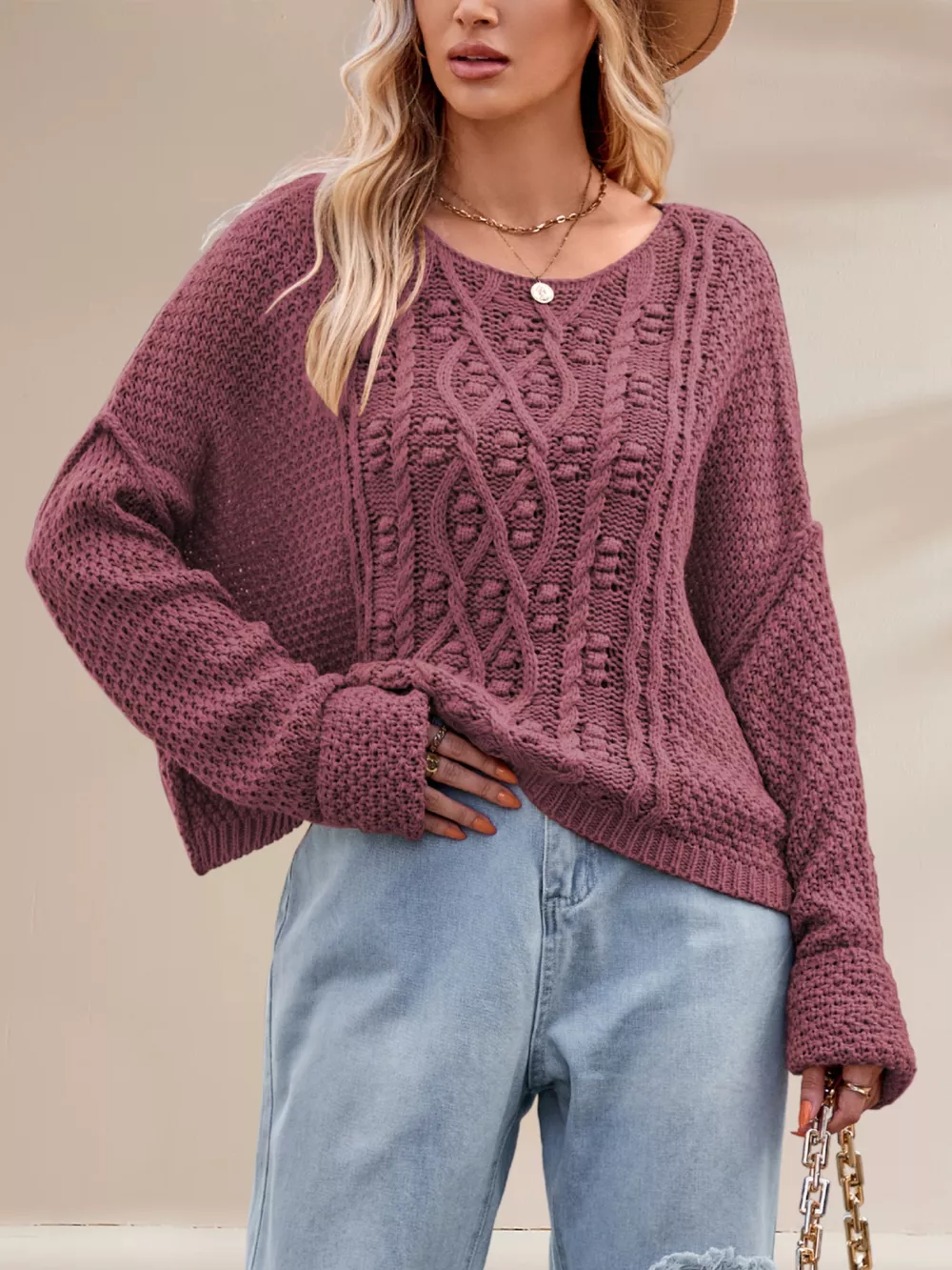 Textured Knit Round Neck Sweater, image 2