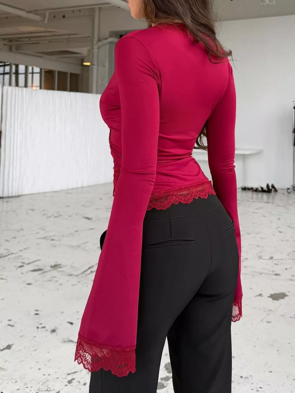 Lace-Trimmed Long Sleeve Wrap T-Shirt, image 11
