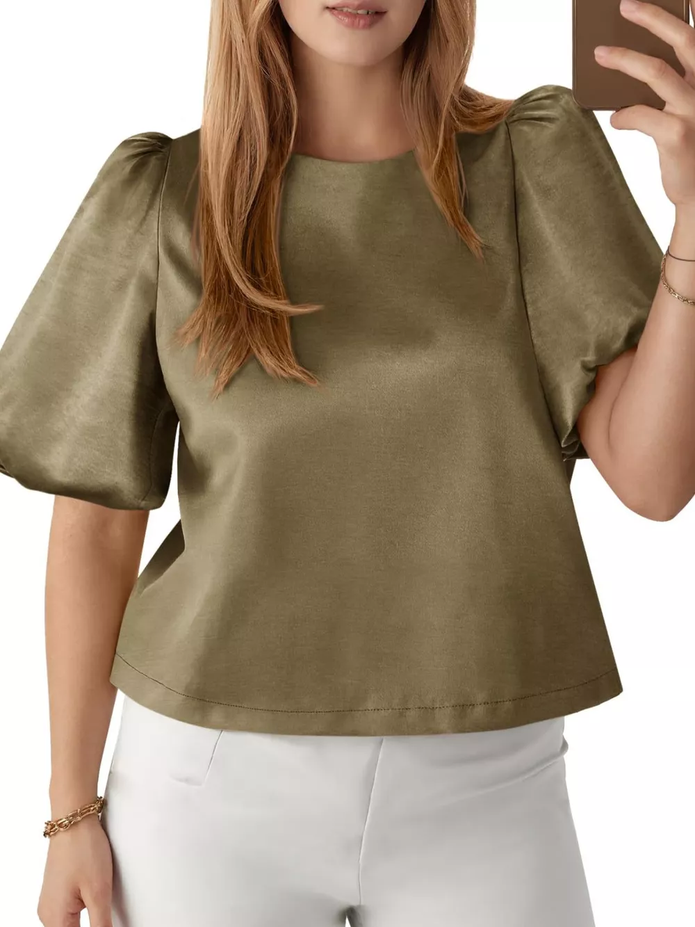 Round Neck Puff Sleeve Satin Top, image 13