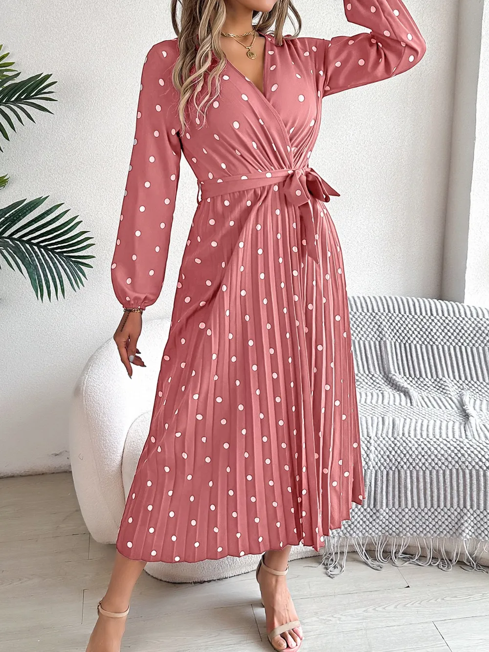 Tied Polka Dot Long Sleeve Midi Dress, image 6