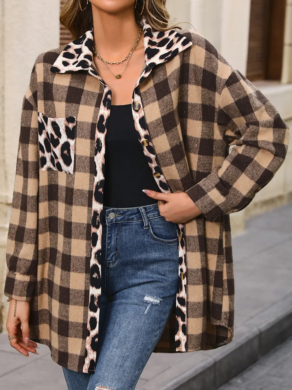 Plaid Button Up Dropped Shoulder Jacket, image 2