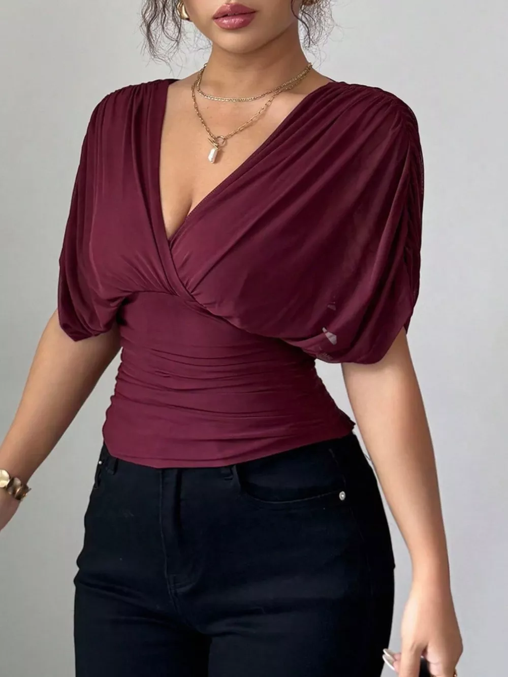 Ruched Surplice Short Sleeve Top, image 5