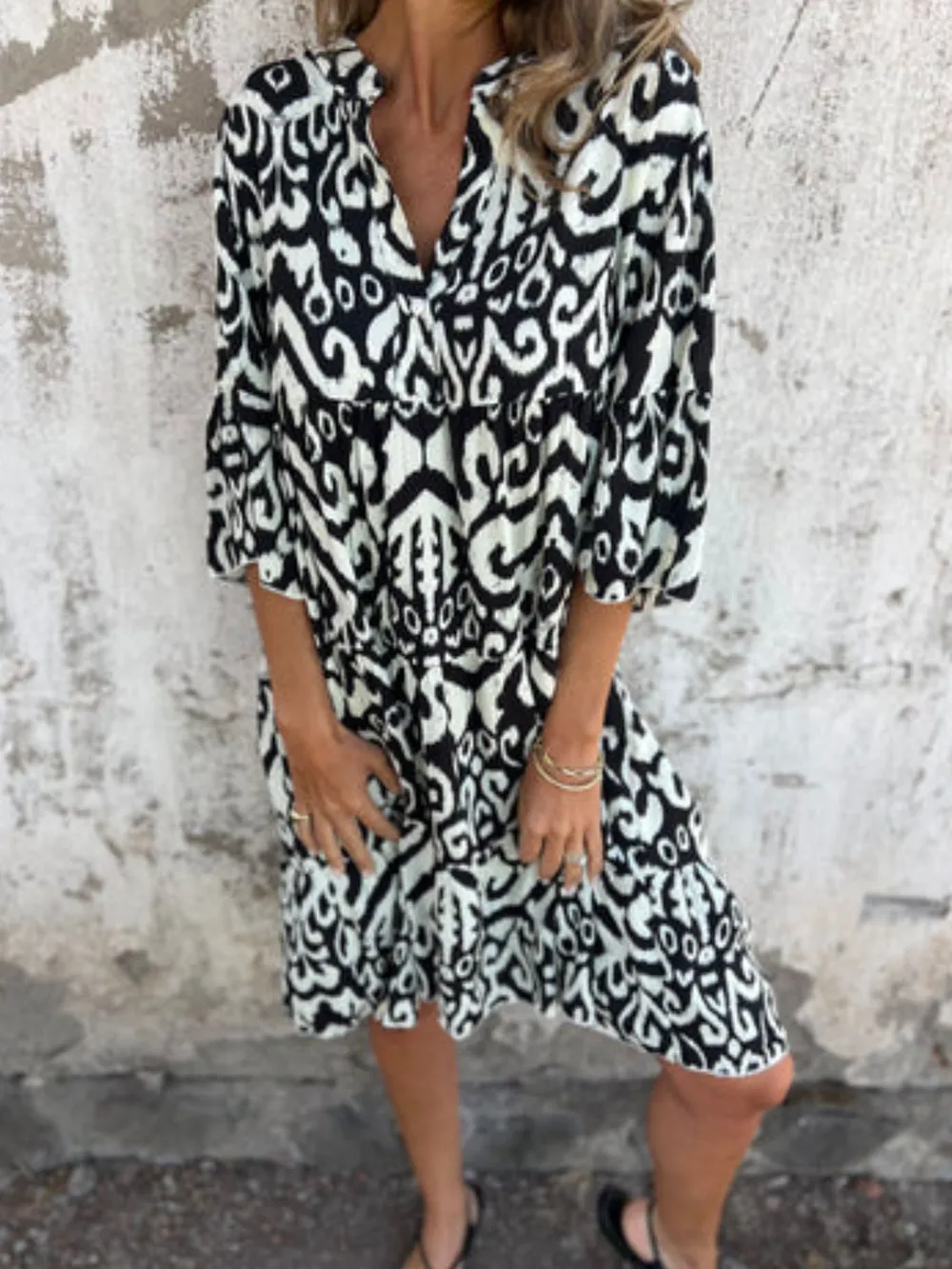 Full Size Printed Notched Half Sleeve Dress Plus Size