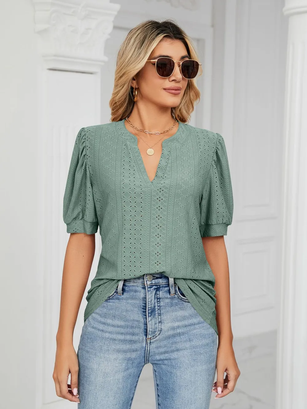 Eyelet Notched Short Sleeve T-Shirt, image 13