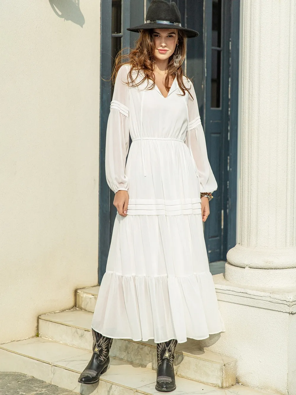 Tie Neck Long Sleeve Midi Tiered Dress, image 29