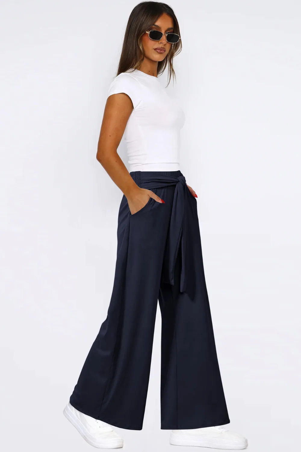 Tied Wide Leg Pants with Pockets, image 3