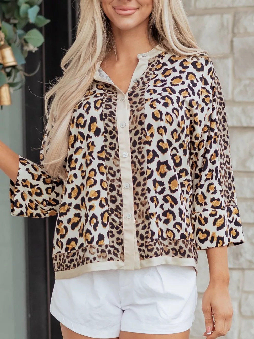 Mixed Leopard Patchwork 3/4 Sleeve Loose Shirt, image 3