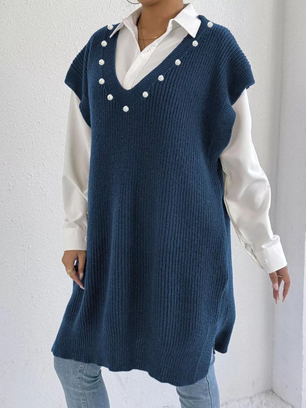 Slit V-Neck Sweater Dress, image 8