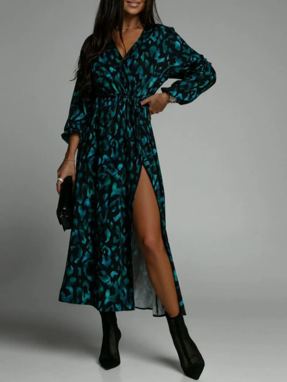 Printed Surplice Long Sleeve Midi Dress, image 3