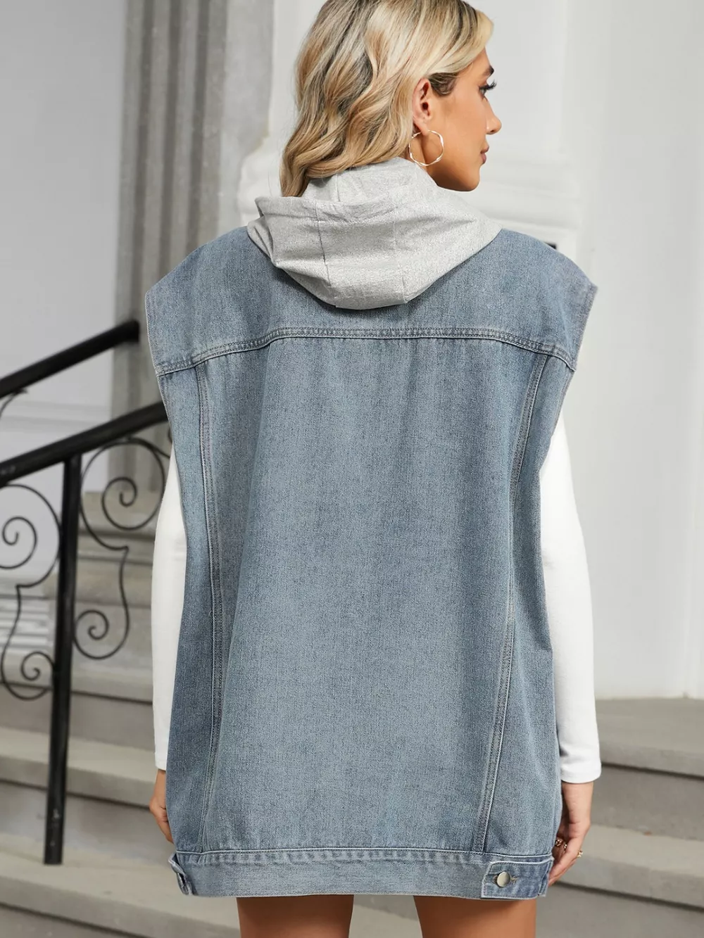 Removable Hood Button Up Cap Sleeve Denim Jacket, image 3