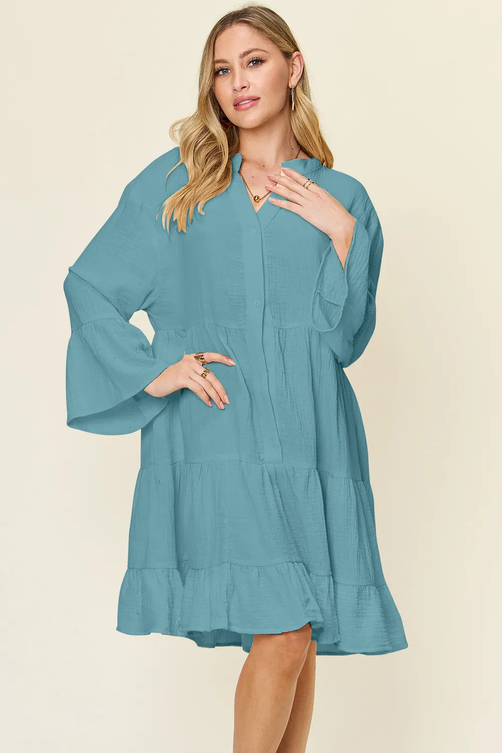 Full Size Texture Button Up Ruffle Hem Dress