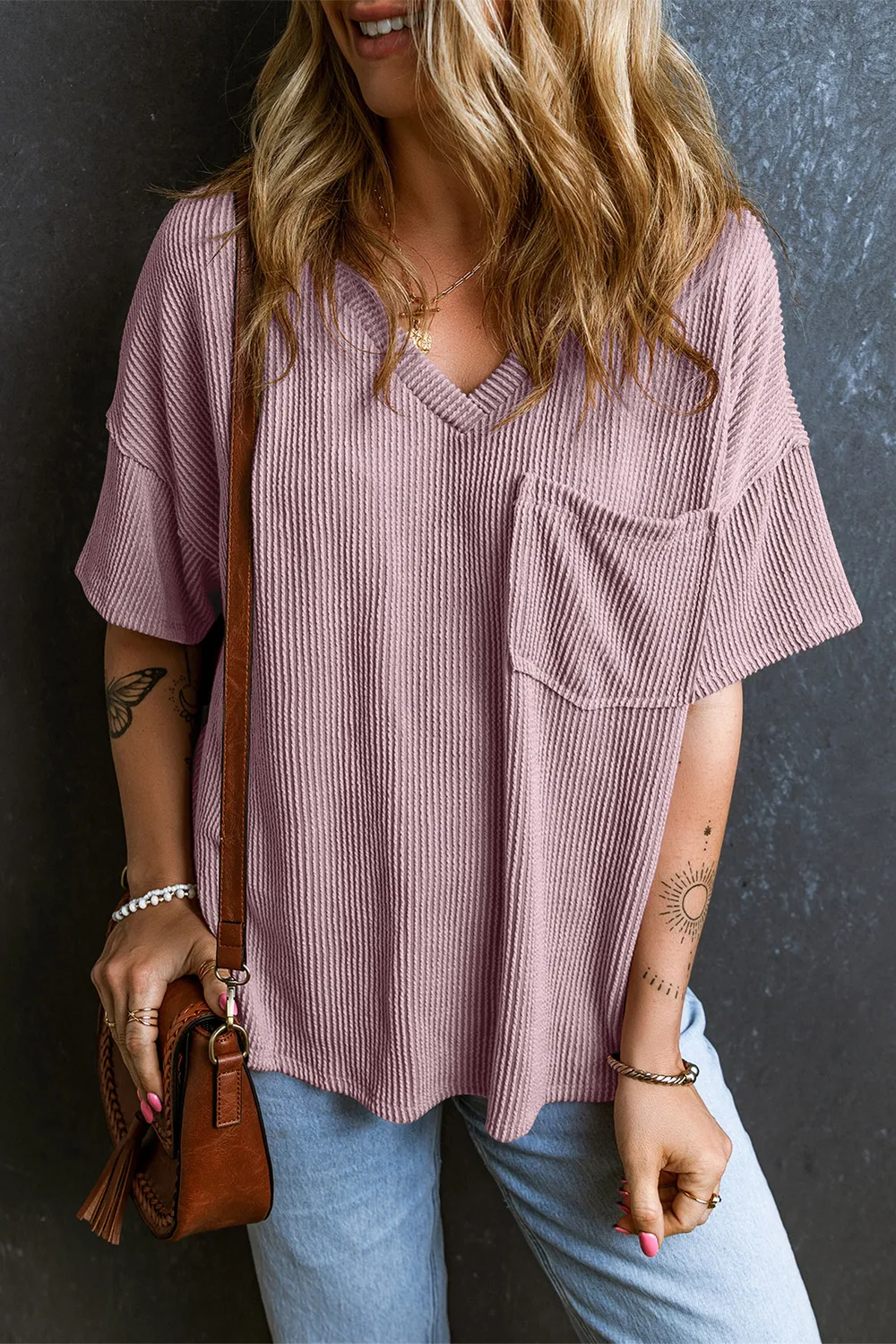 Textured V-Neck Dropped Shoulder T-Shirt, image 7