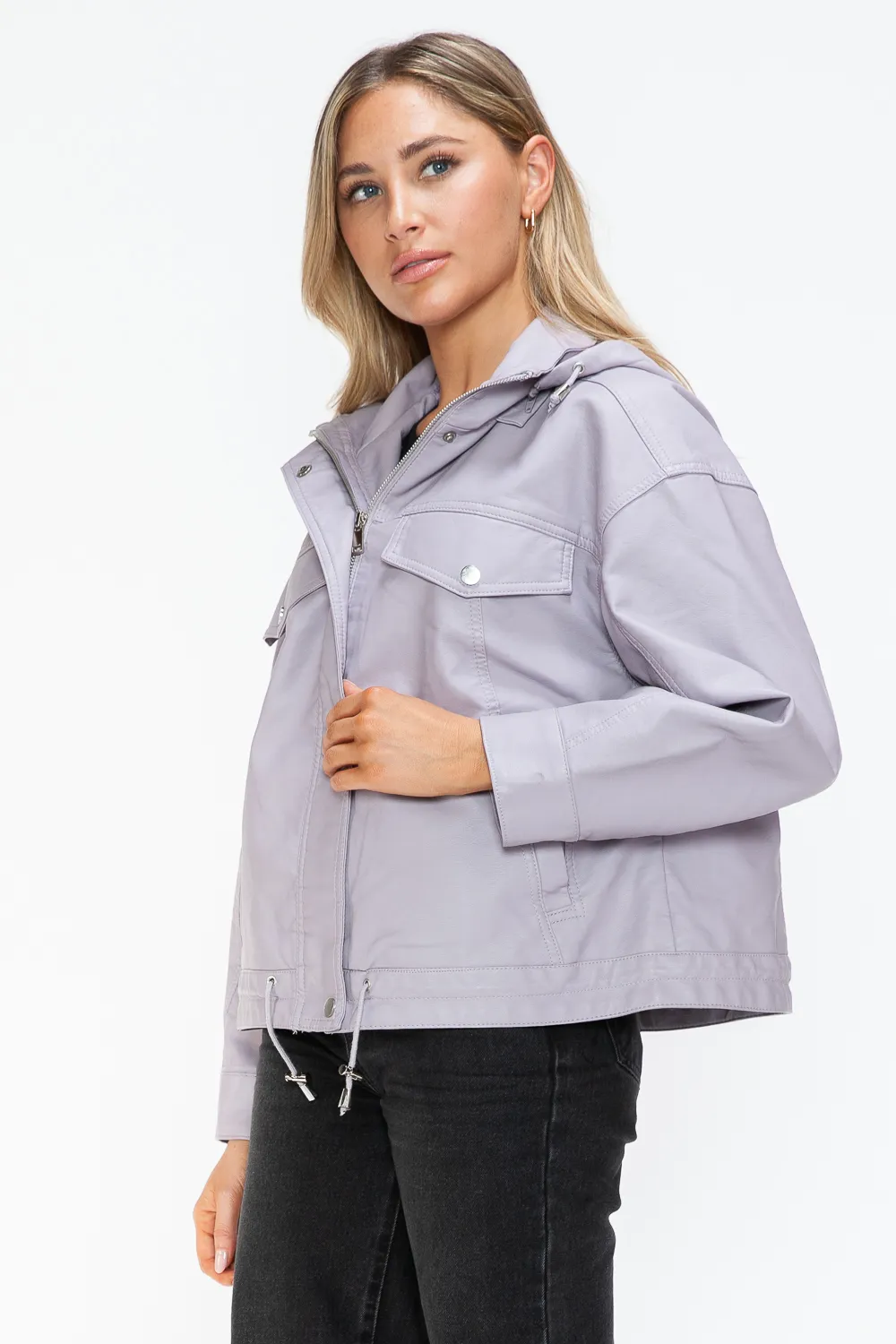 Drawstring Hem PU Leather Zip Up Jacket, image 5