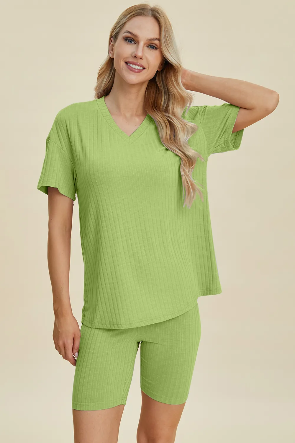 Full Size Ribbed V-Neck Short Sleeve Top and Shorts Set, image 7