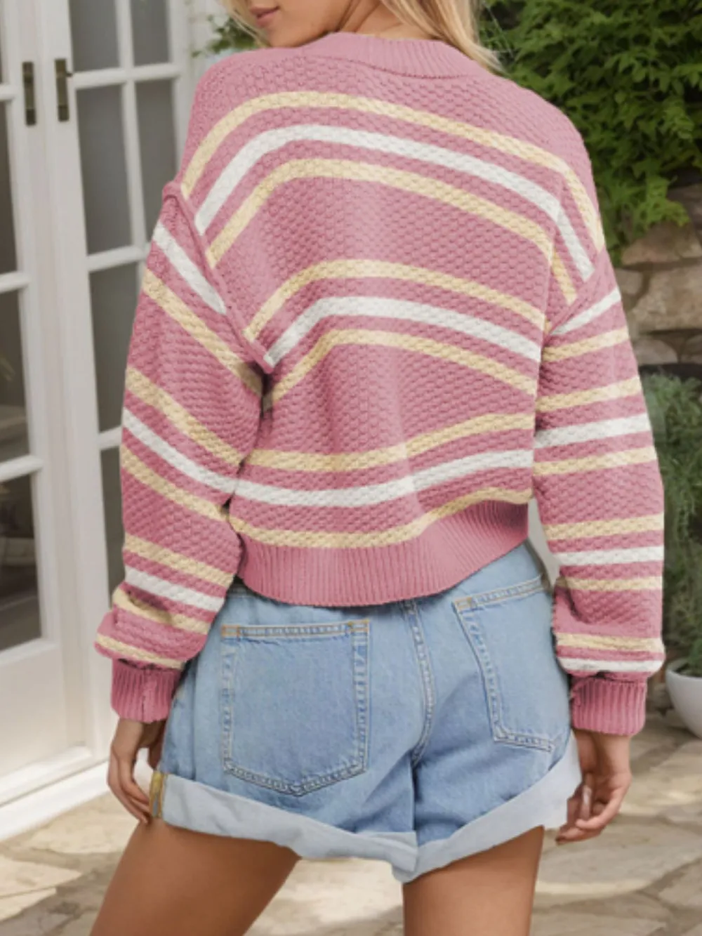 Striped Button-Up Cropped Cardigan with Relaxed Fit, image 6