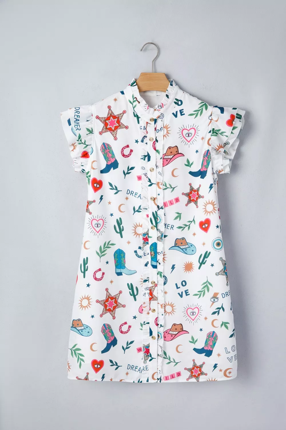 Western Print Flutter Sleeve Button Down Mini Dress, image 4