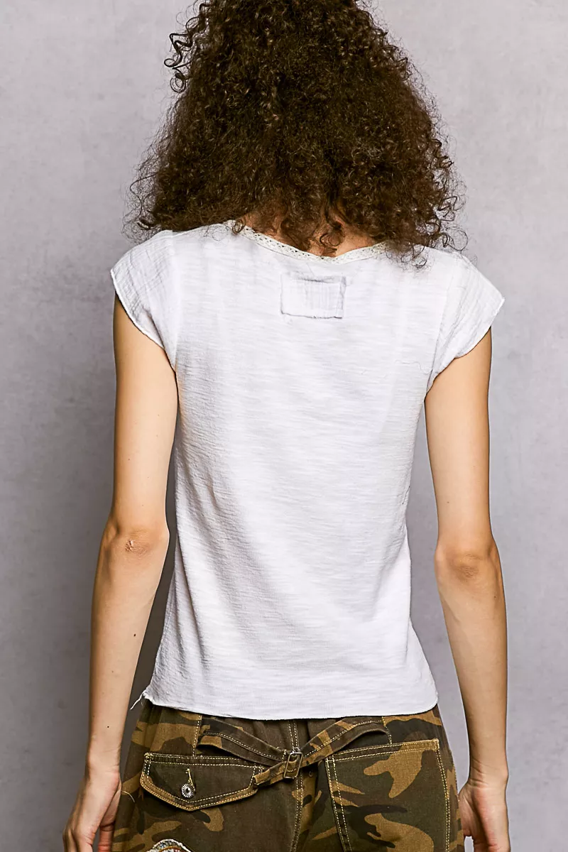V-Neck Lightweight Textured Short Sleeve Knit Top with Lace Trim, image 4