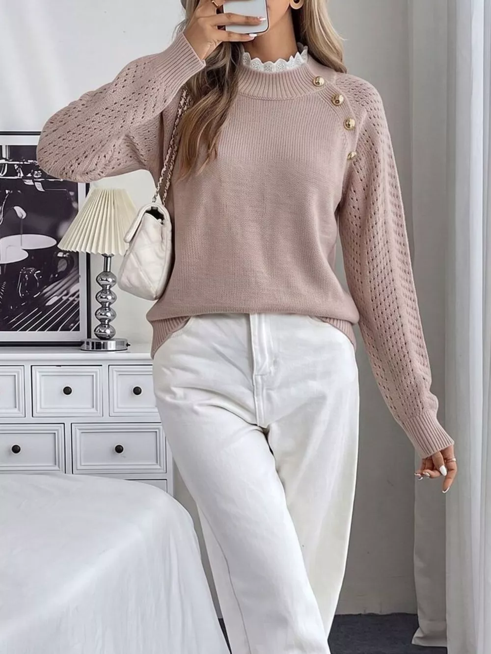 Openwork Mock Neck Sweater, image 5