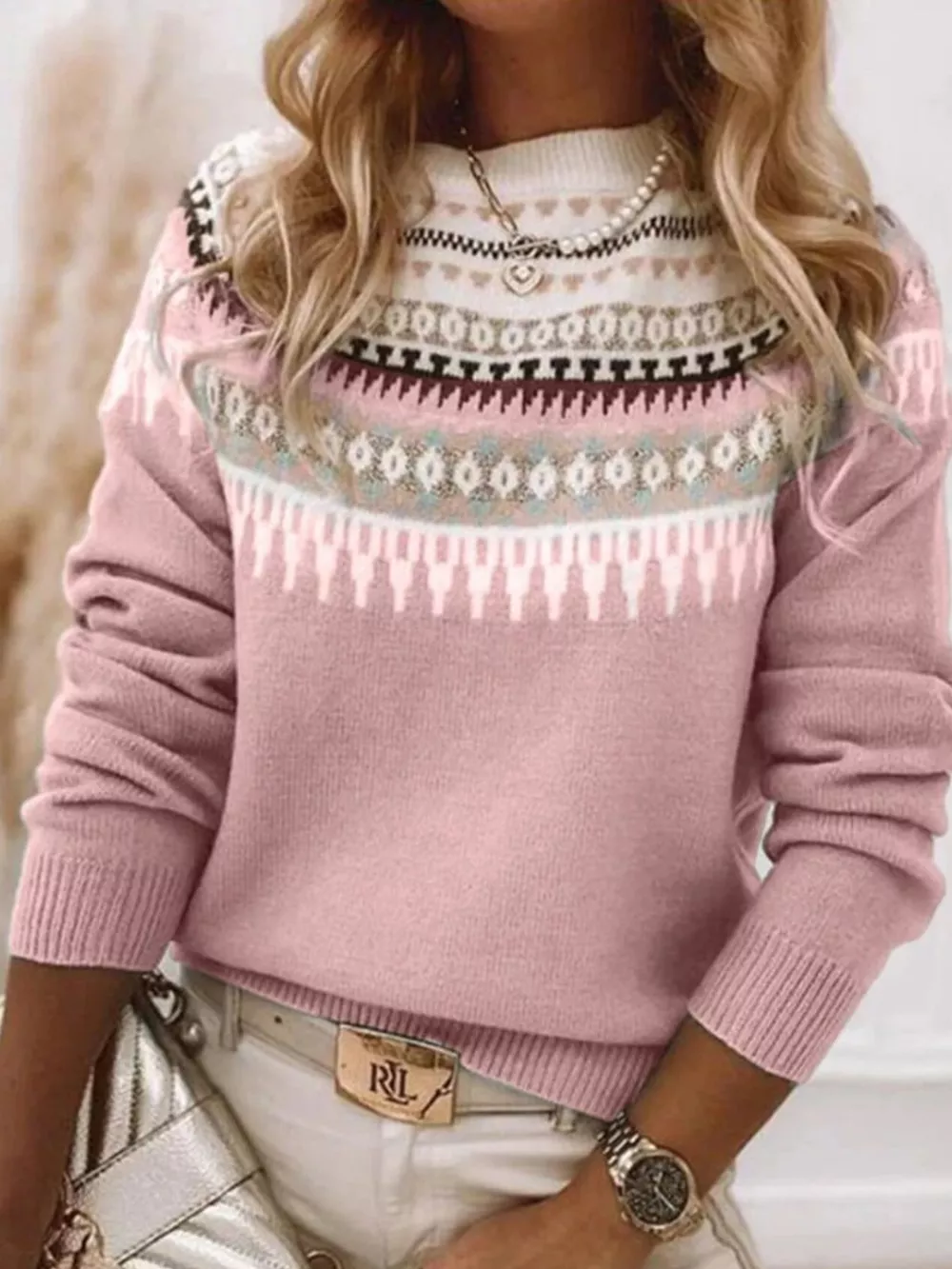 Full Size Vintage Patterned Round Neck Sweater Plus Size, image 7