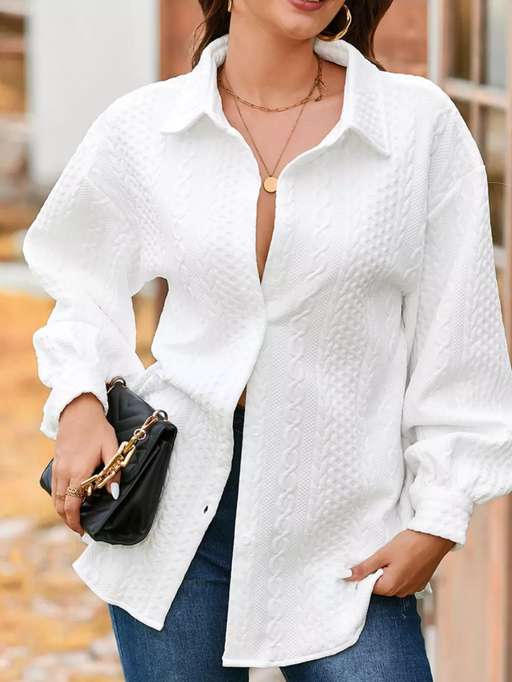 Cable Texture Puff Sleeve Loose Shacket, image 7