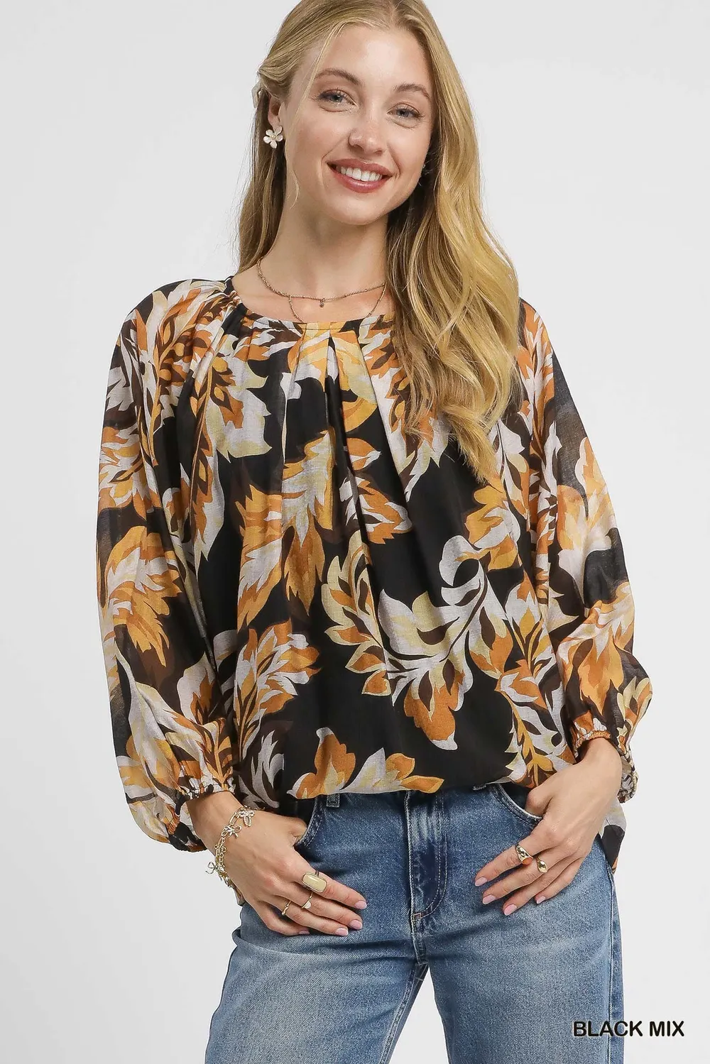 Autumn Leaf Print Balloon Sleeve Blouse