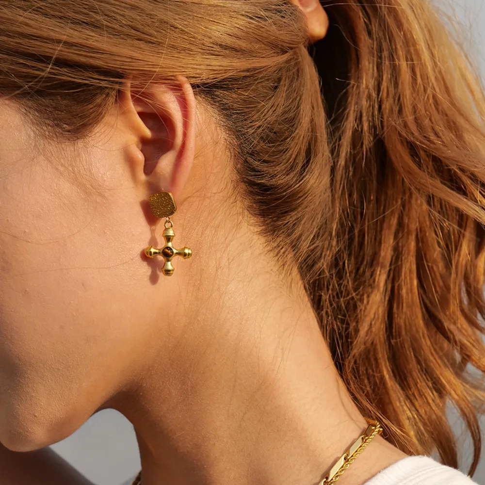 Gold-Plated Stainless Steel Cross Shape Earrings, image 2