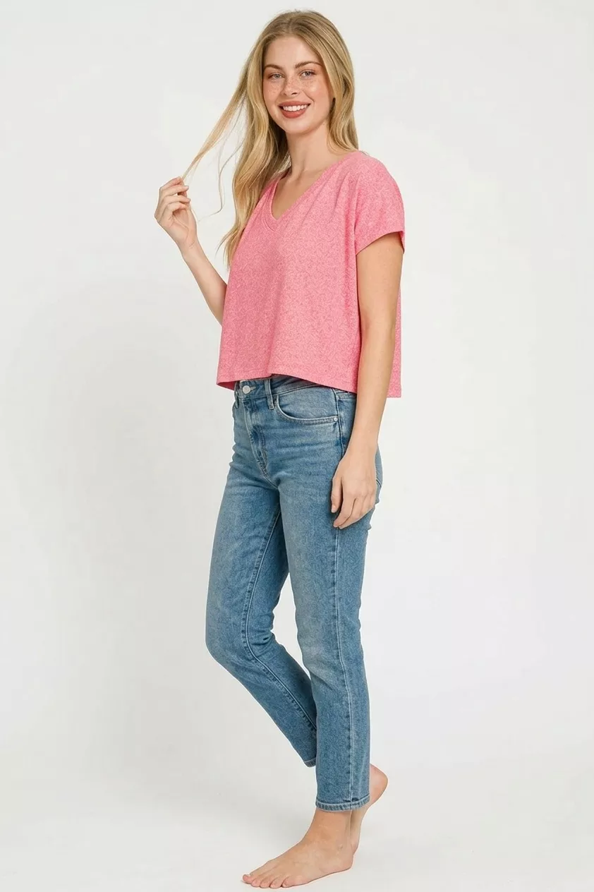 Soft Melange V-neck Drop Shoulder Cropped Top, image 2