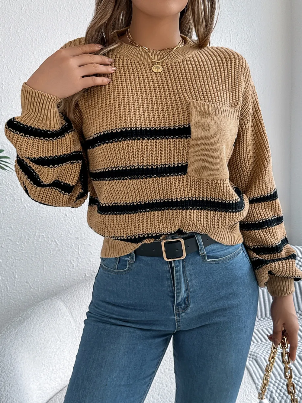 Striped Round Neck Long Sleeve Sweater, image 14